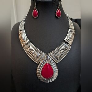 #4. Tooled Silver Tone With Red Necklace Set